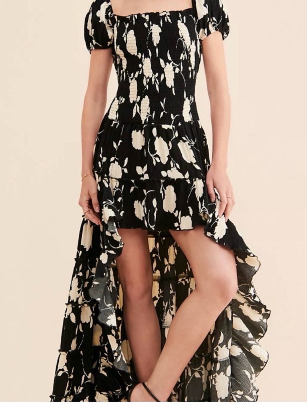 Smocked Black & Cream Floral High-Low Dress